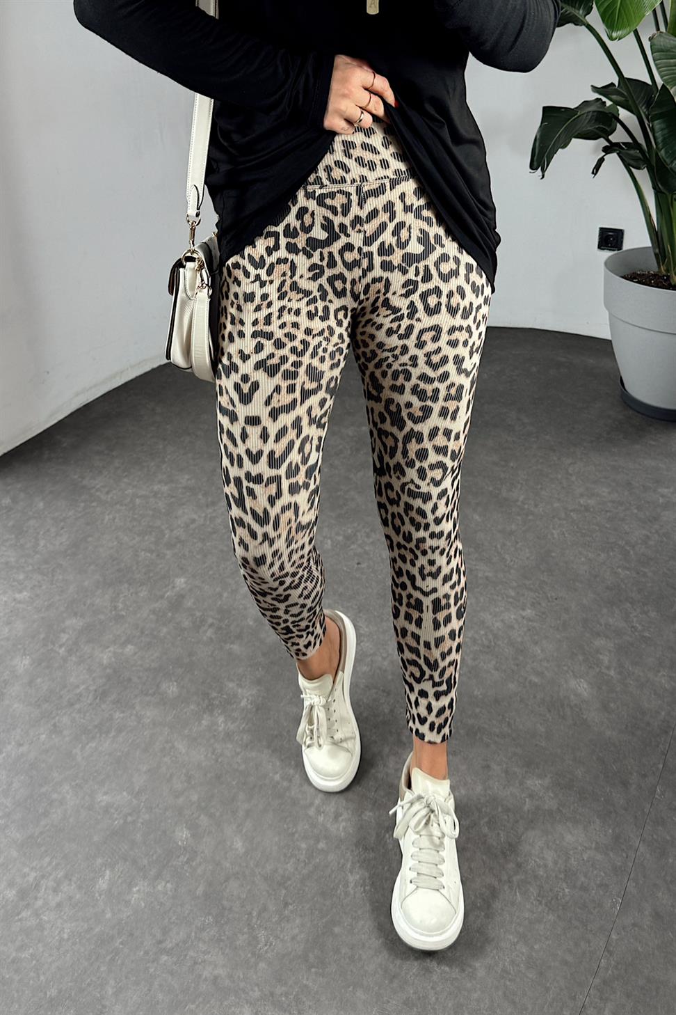 Geniş Kemer Leopar Desen Fitilli Kadın Tayt Ekru