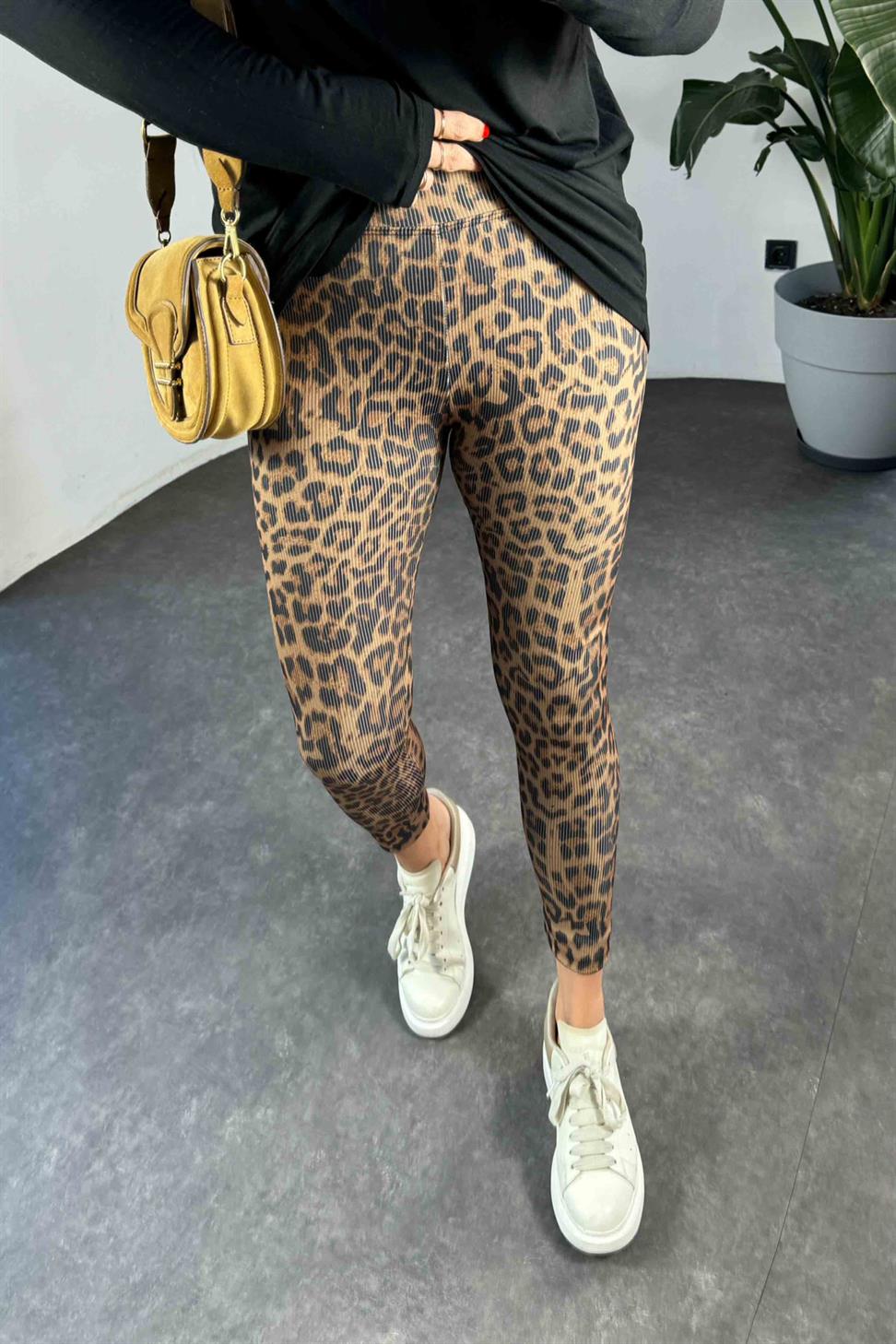 Geniş Kemer Leopar Desen Fitilli Kadın Tayt Kahverengi