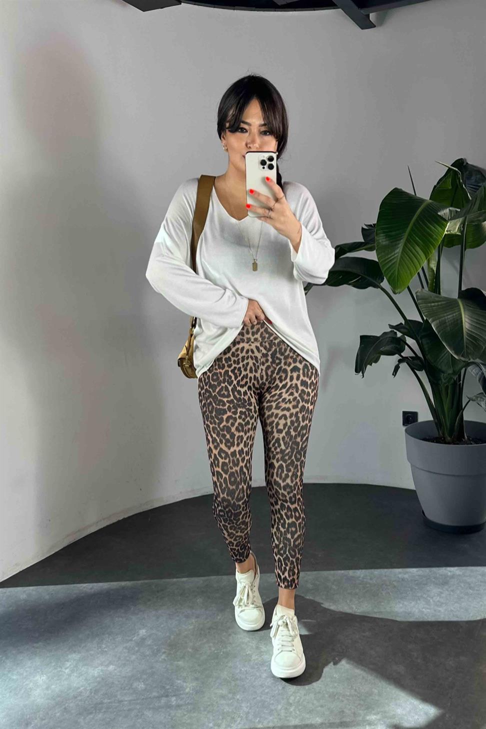 Geniş Kemer Leopar Desen Fitilli Kadın Tayt Somon