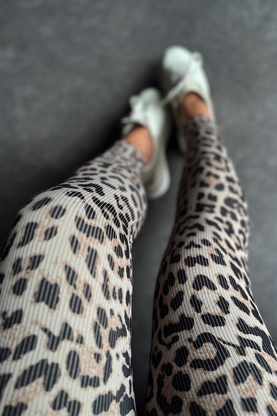 Geniş Kemer Leopar Desen Fitilli Kadın Tayt Ekru