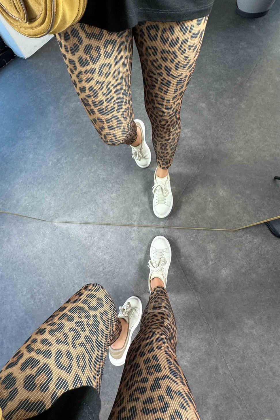 Geniş Kemer Leopar Desen Fitilli Kadın Tayt Kahverengi