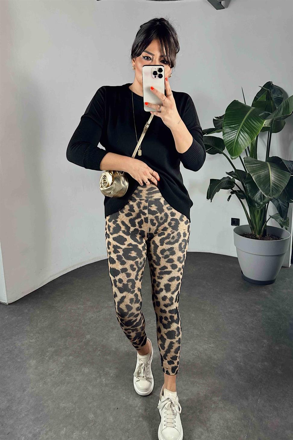 Geniş Kemer Leopar Desen Fitilli Kadın Tayt Camel