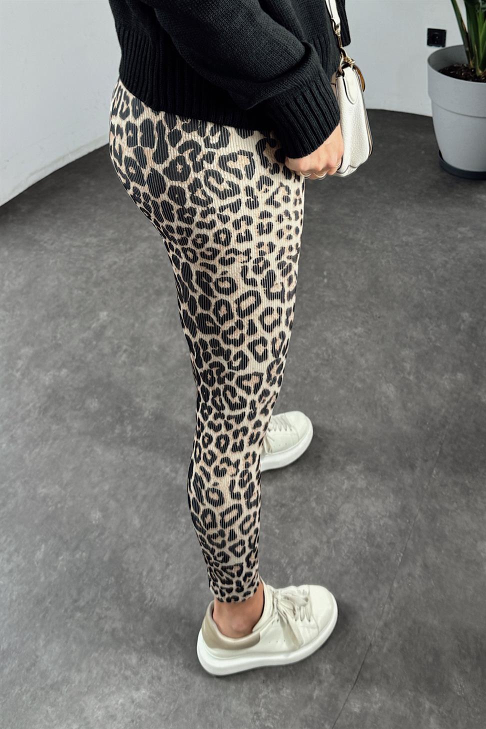 Geniş Kemer Leopar Desen Fitilli Kadın Tayt Ekru