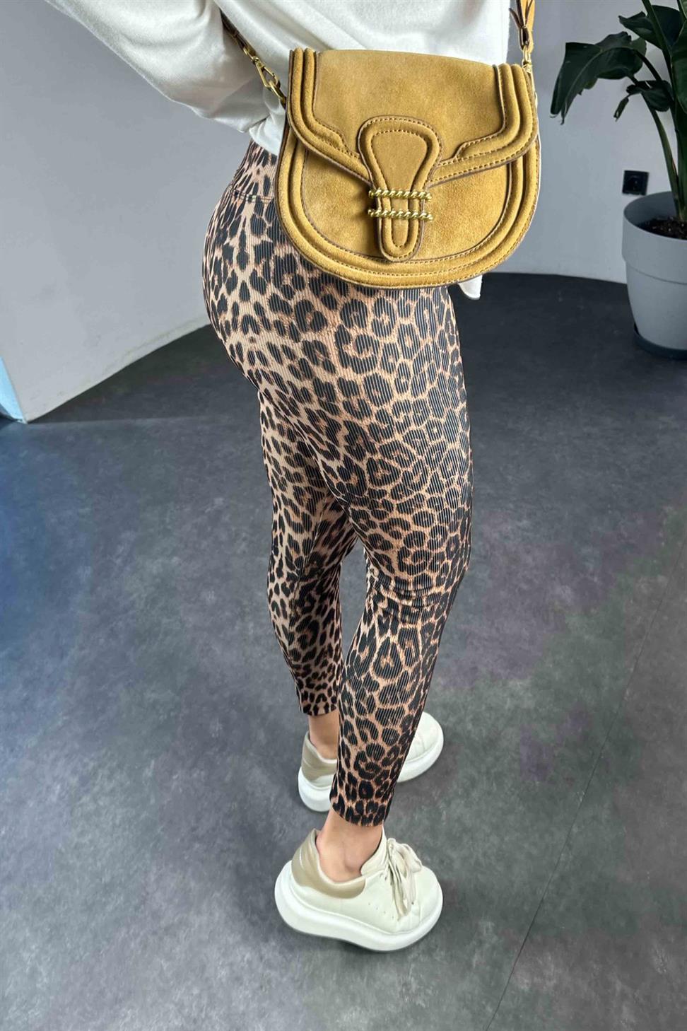Geniş Kemer Leopar Desen Fitilli Kadın Tayt Somon