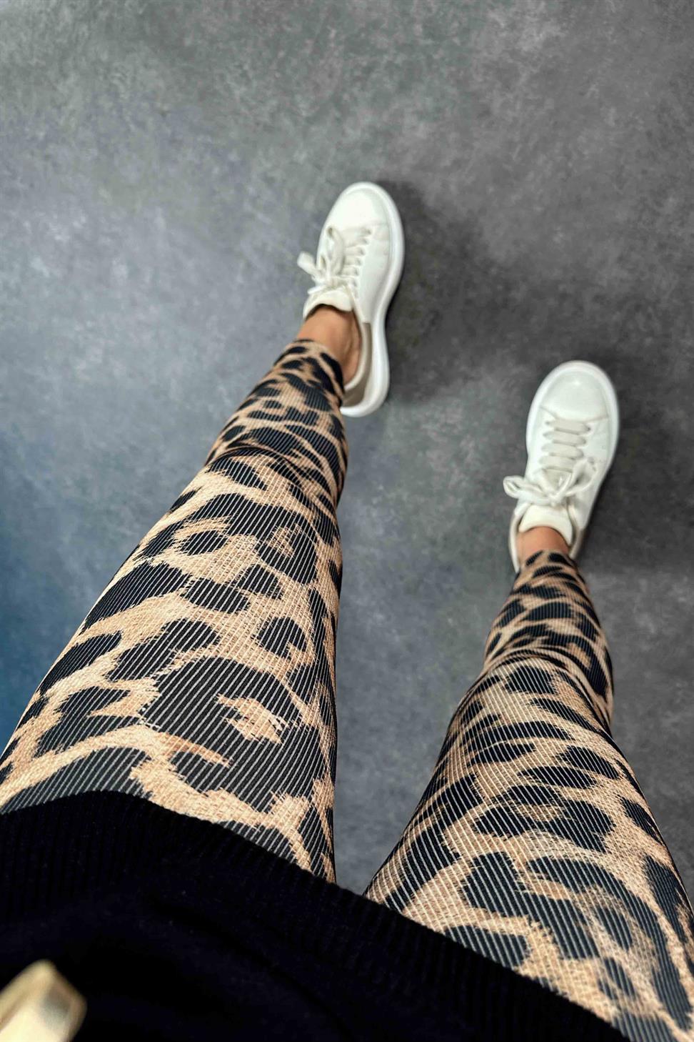 Geniş Kemer Leopar Desen Fitilli Kadın Tayt Camel