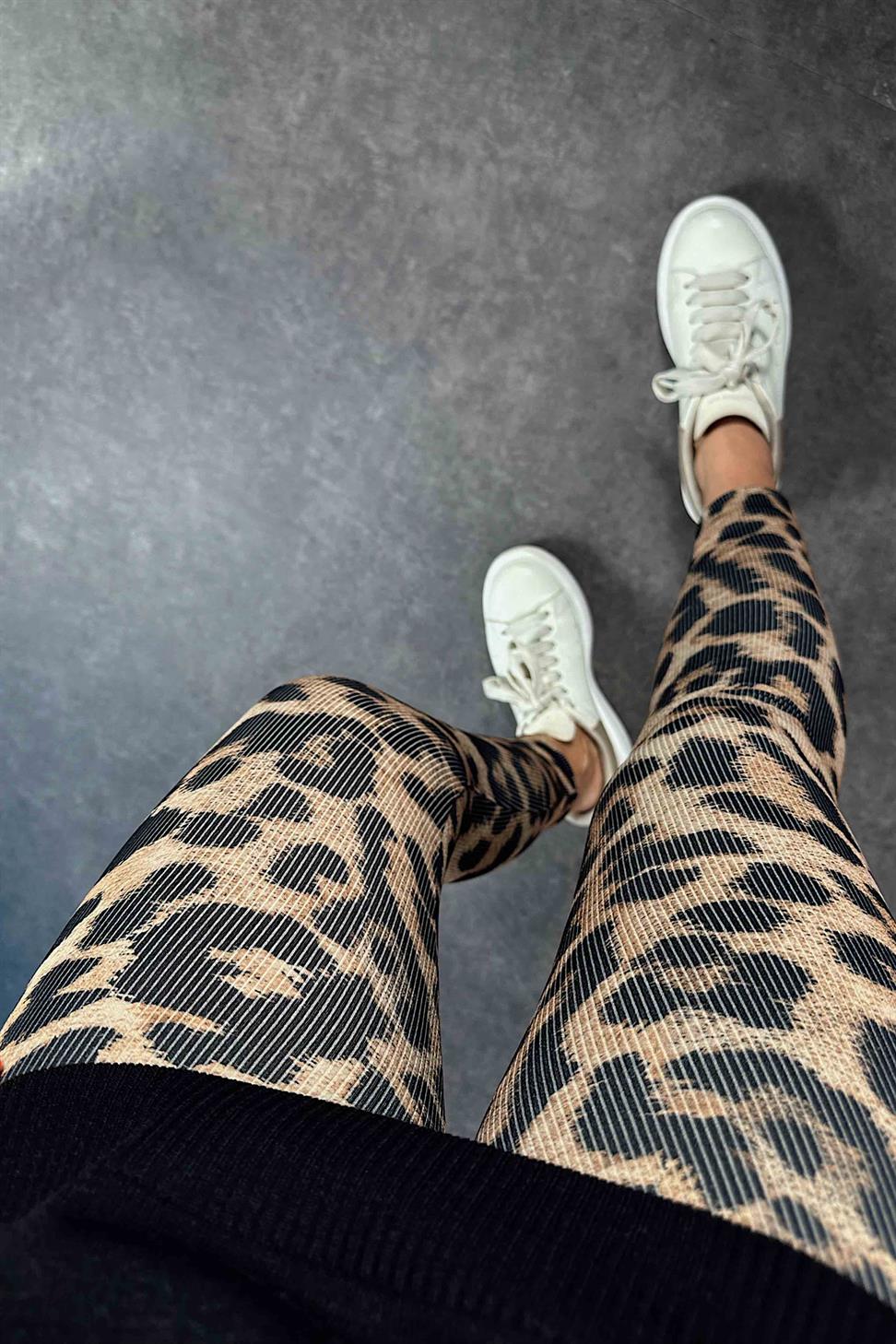 Geniş Kemer Leopar Desen Fitilli Kadın Tayt Camel