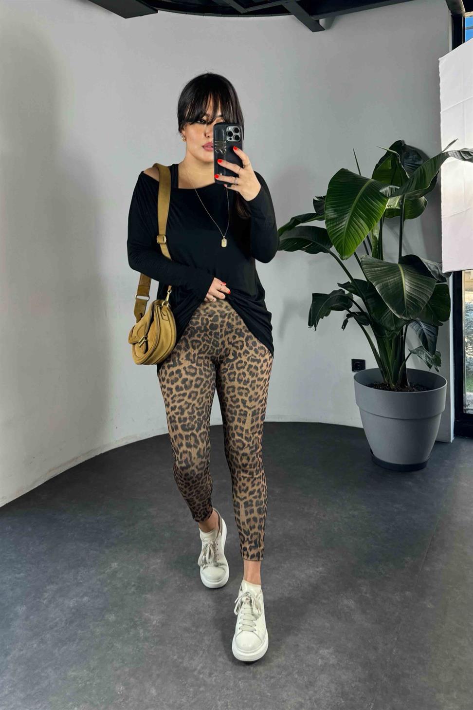 Geniş Kemer Leopar Desen Fitilli Kadın Tayt Kahverengi