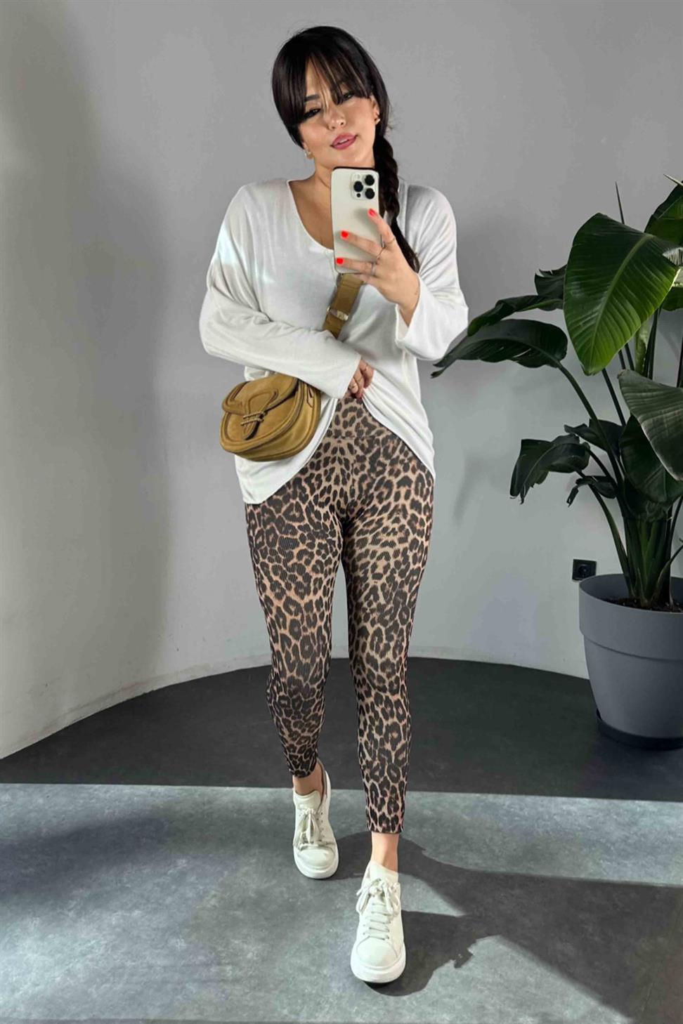 Geniş Kemer Leopar Desen Fitilli Kadın Tayt Somon