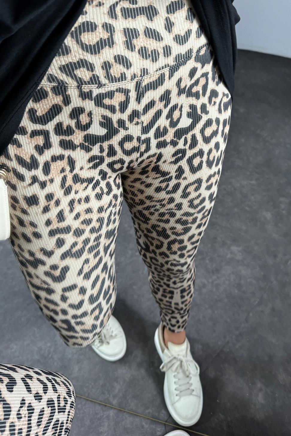 Geniş Kemer Leopar Desen Fitilli Kadın Tayt Ekru