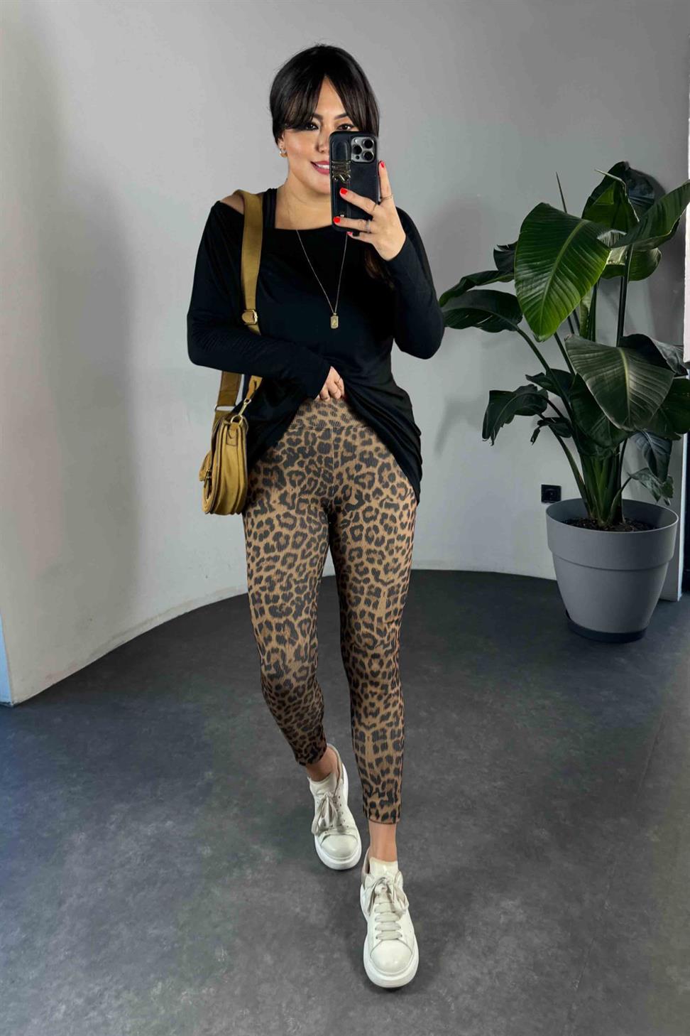 Geniş Kemer Leopar Desen Fitilli Kadın Tayt Kahverengi