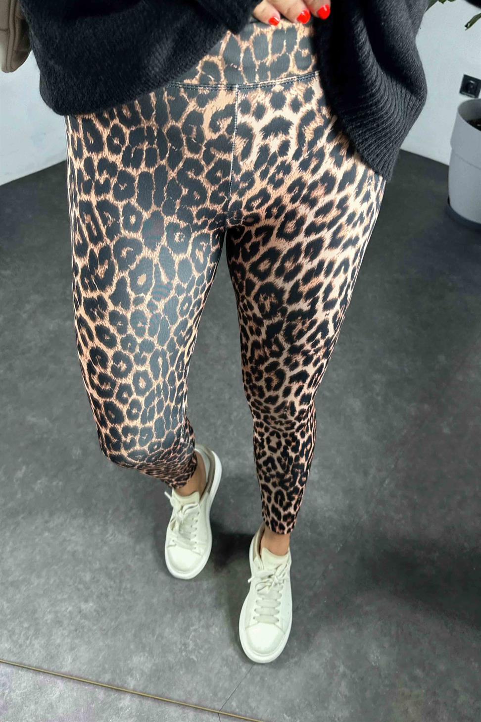 Geniş Kemer Leopar Desenli Kadın Tayt Somon