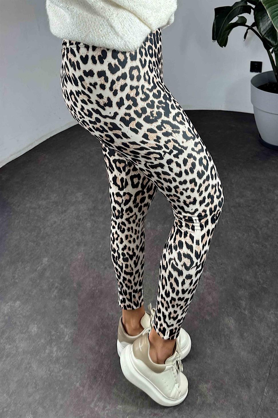 Geniş Kemer Leopar Desenli Kadın Tayt Ekru