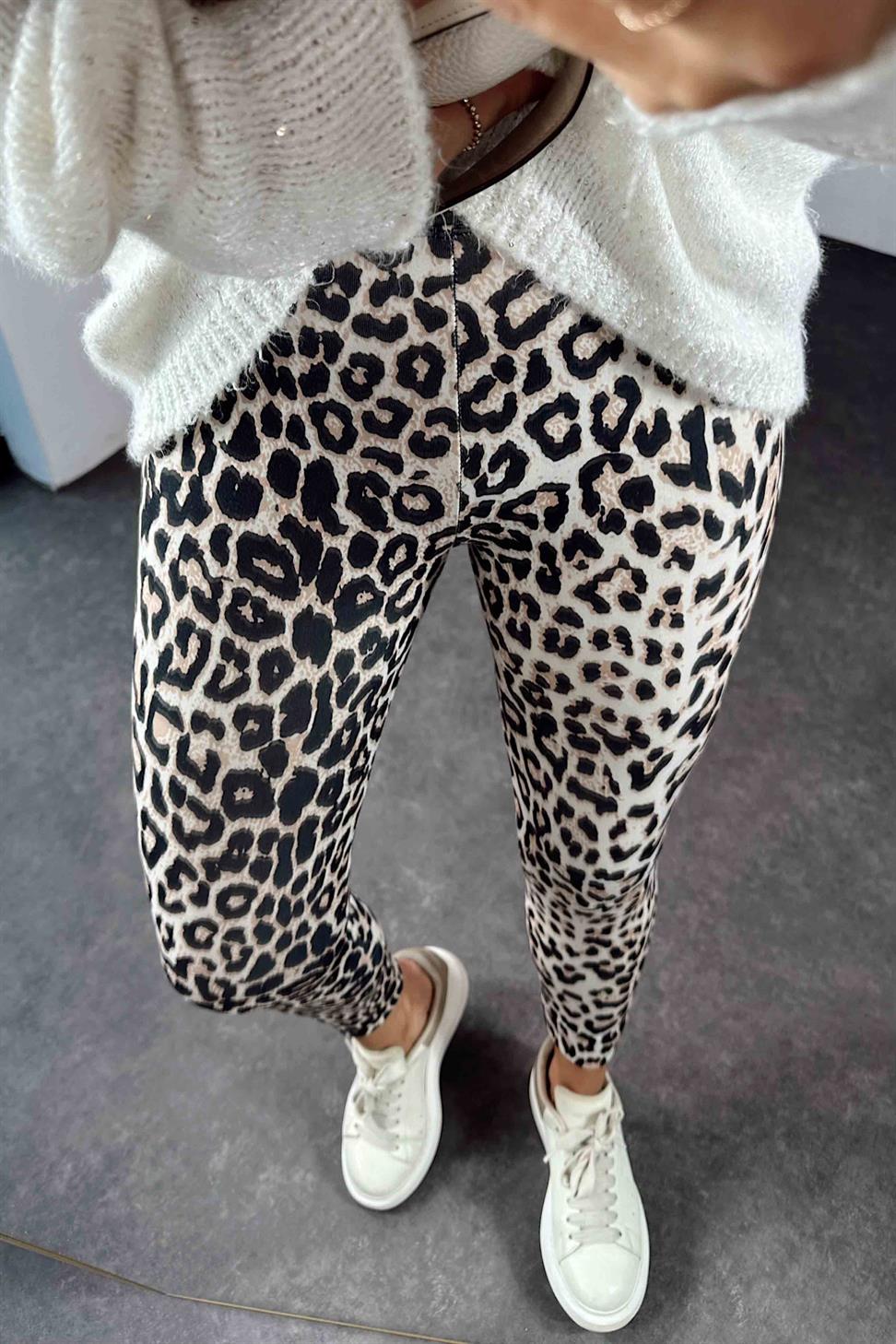 Geniş Kemer Leopar Desenli Kadın Tayt Ekru