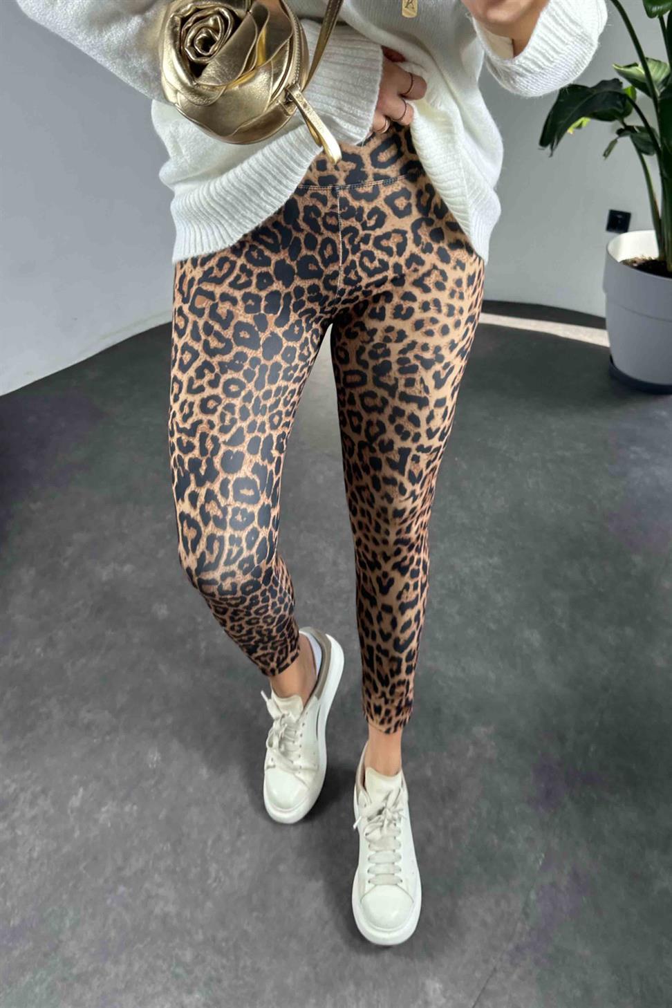 Geniş Kemer Leopar Desenli Kadın Tayt Kahverengi