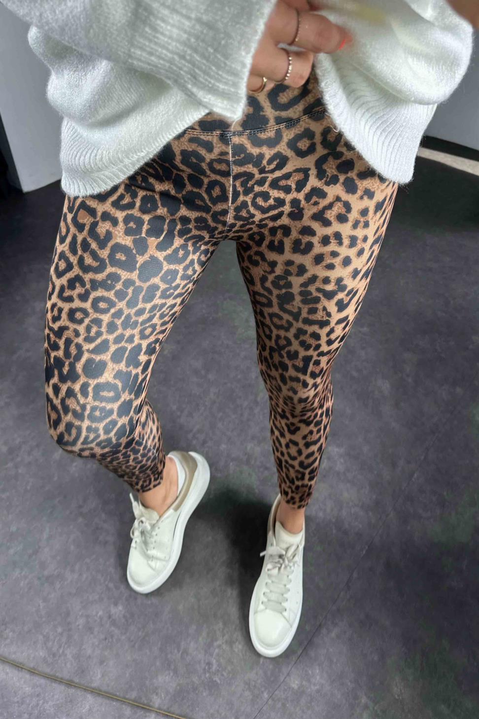 Geniş Kemer Leopar Desenli Kadın Tayt Kahverengi