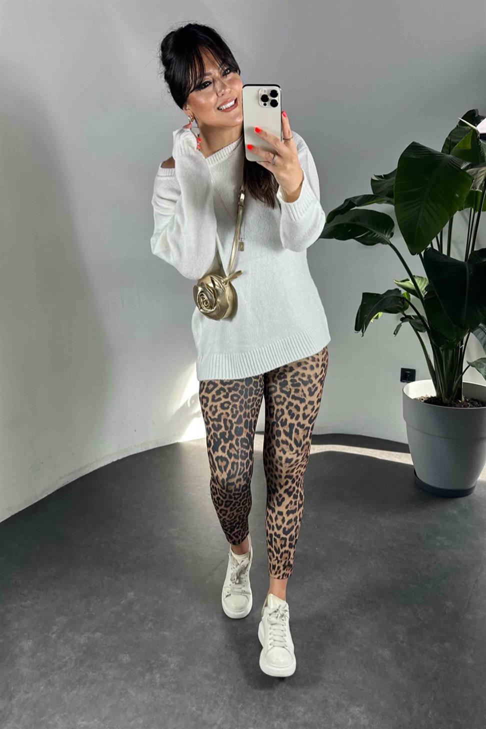 Geniş Kemer Leopar Desenli Kadın Tayt Kahverengi