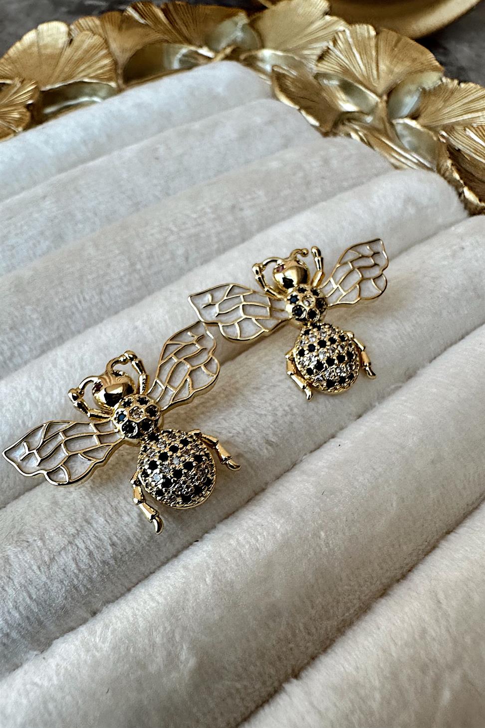 Gold Bal Arısı Zirkon Taşlı Küpe