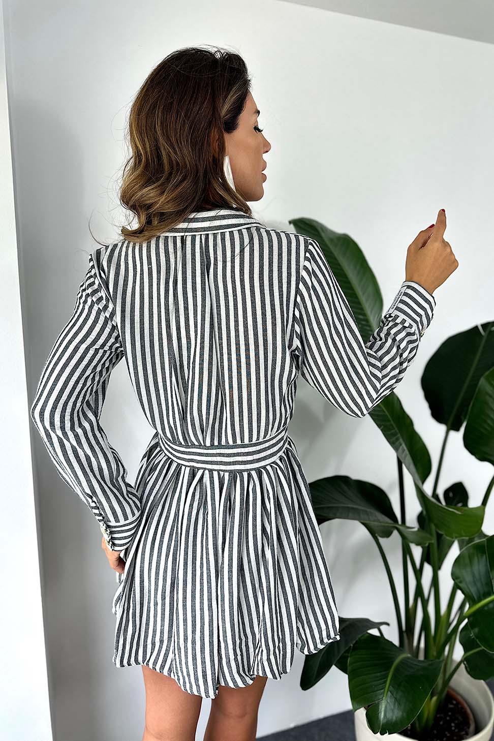 Gold Düğme Detay Çizgili Gömlek Elbise Gri