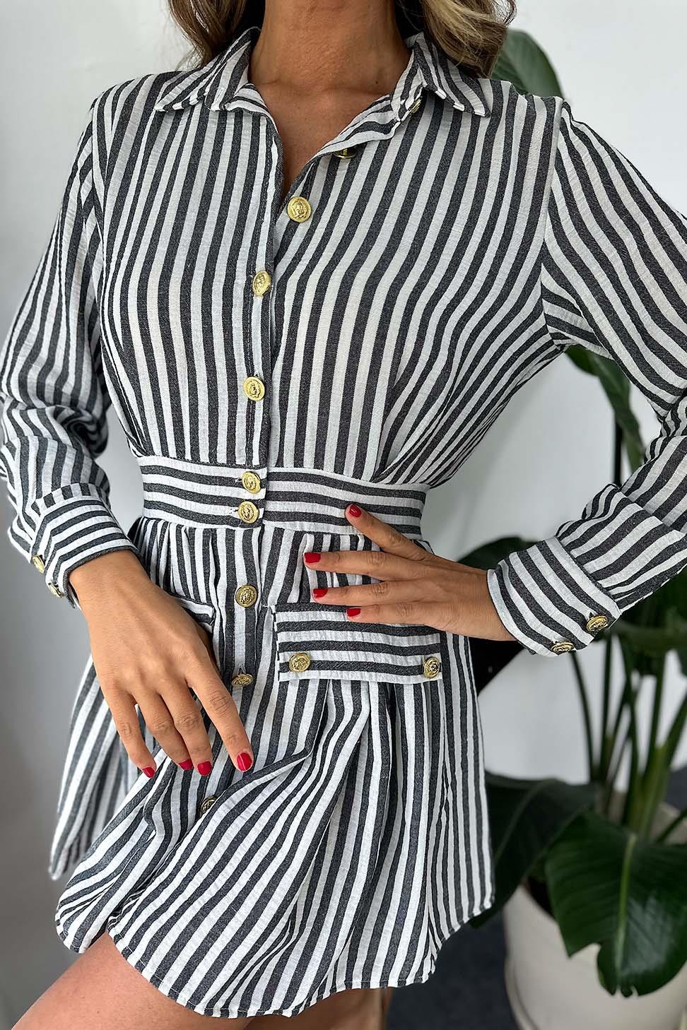 Gold Düğme Detay Çizgili Gömlek Elbise Gri