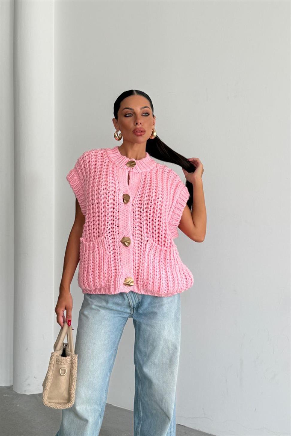 Gold Düğmeli Çift Cepli Triko Örme Yelek Pembe