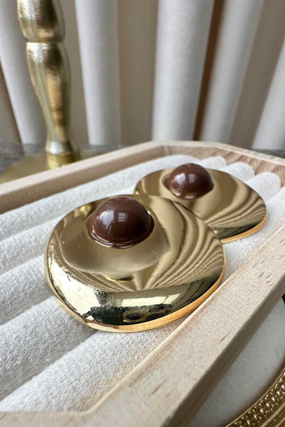 Gold Oval Kahve Mineli Küpe