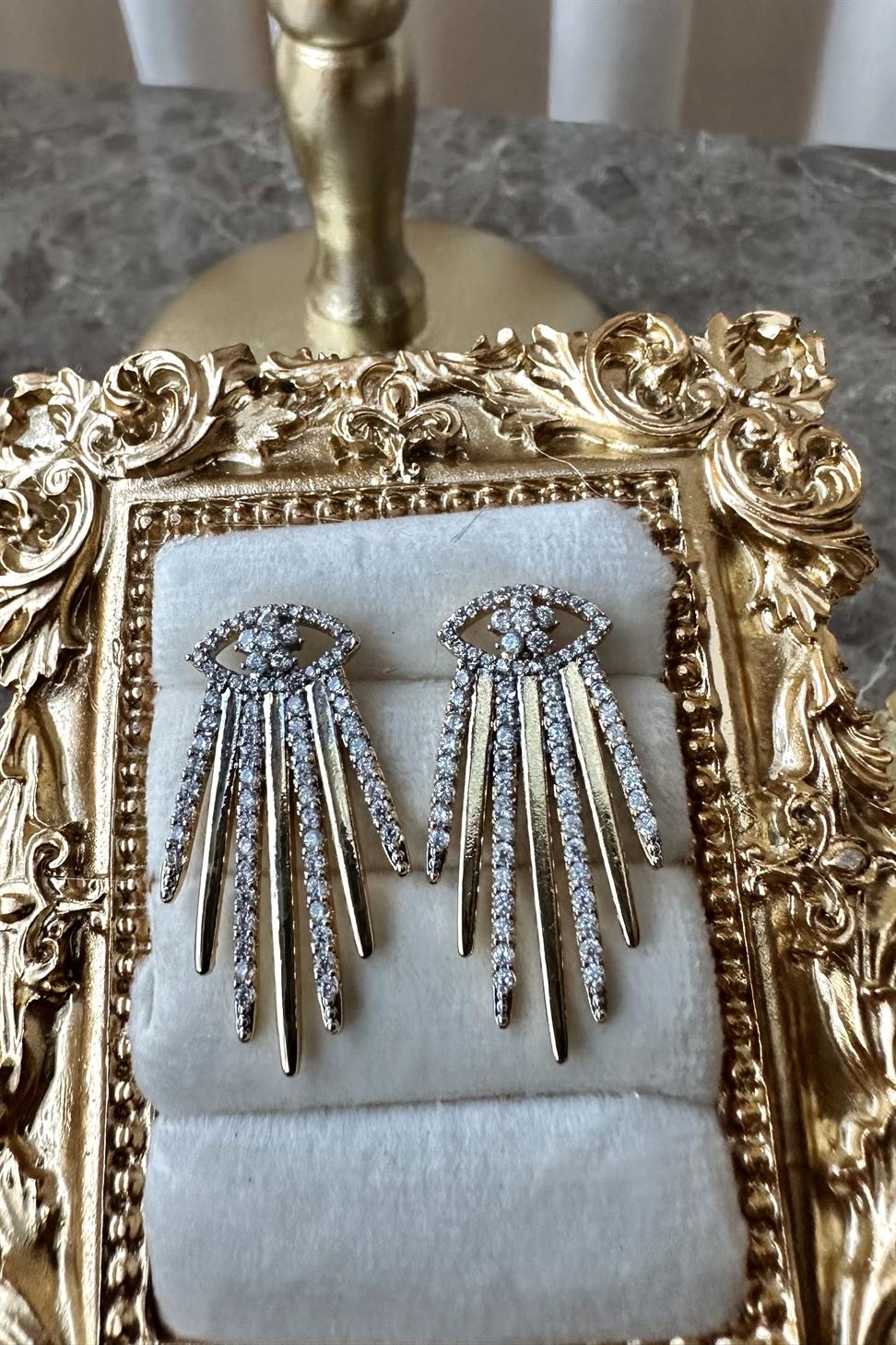 Gold Silver Zirkon Taş Detaylı Stellar Küpe