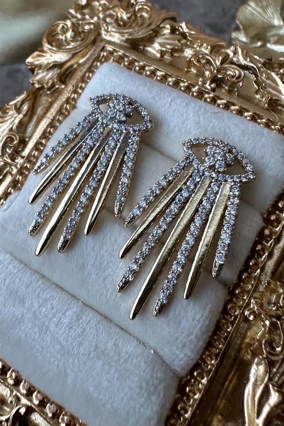 Gold Silver Zirkon Taş Detaylı Stellar Küpe