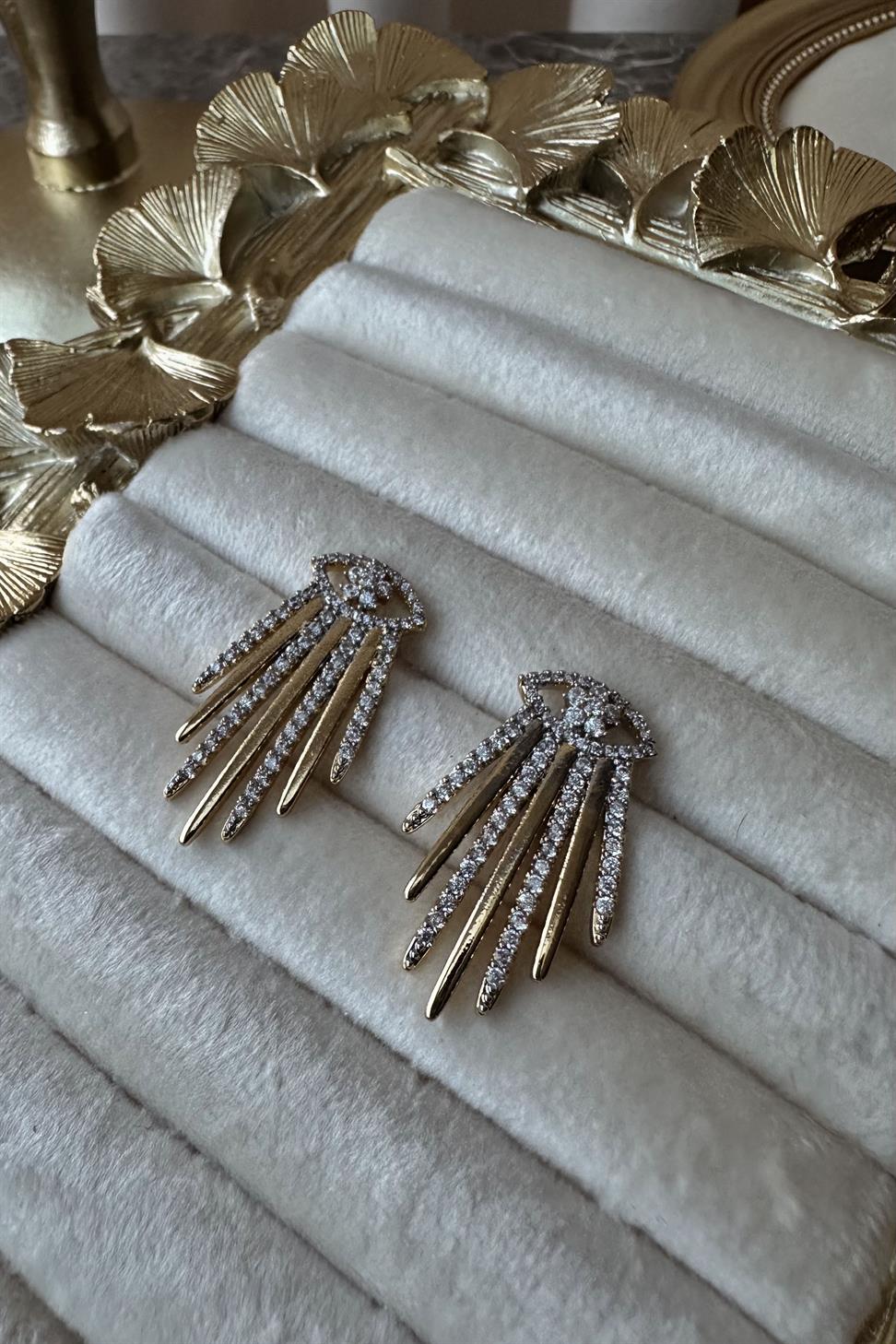 Gold Silver Zirkon Taş Detaylı Stellar Küpe