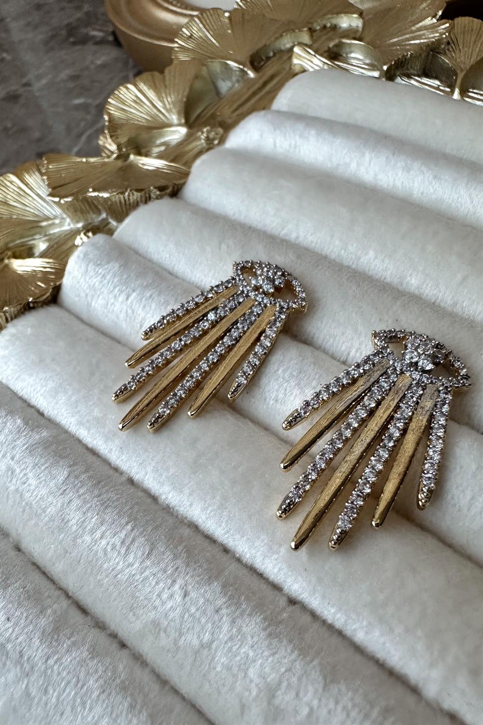 Gold Silver Zirkon Taş Detaylı Stellar Küpe