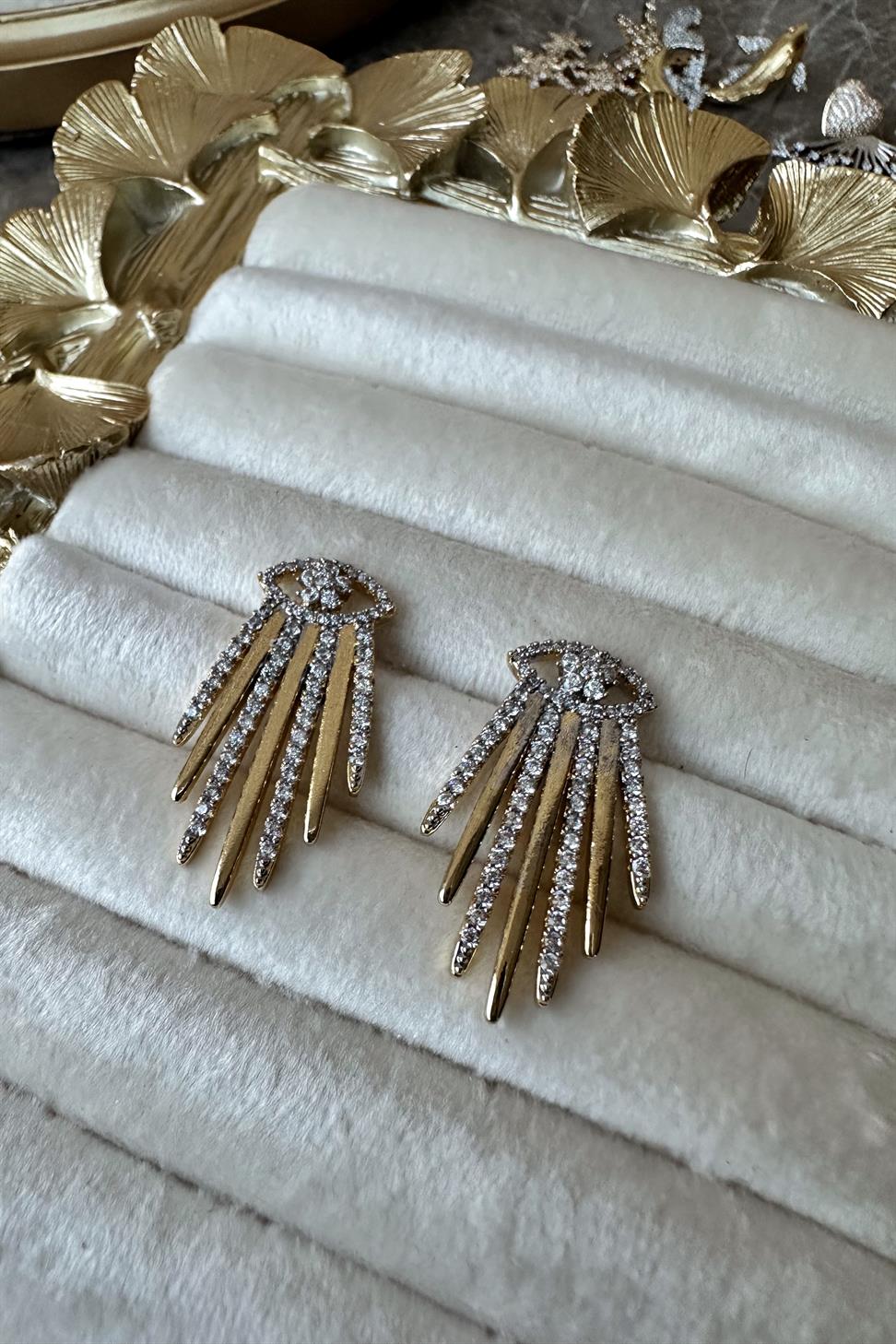 Gold Silver Zirkon Taş Detaylı Stellar Küpe