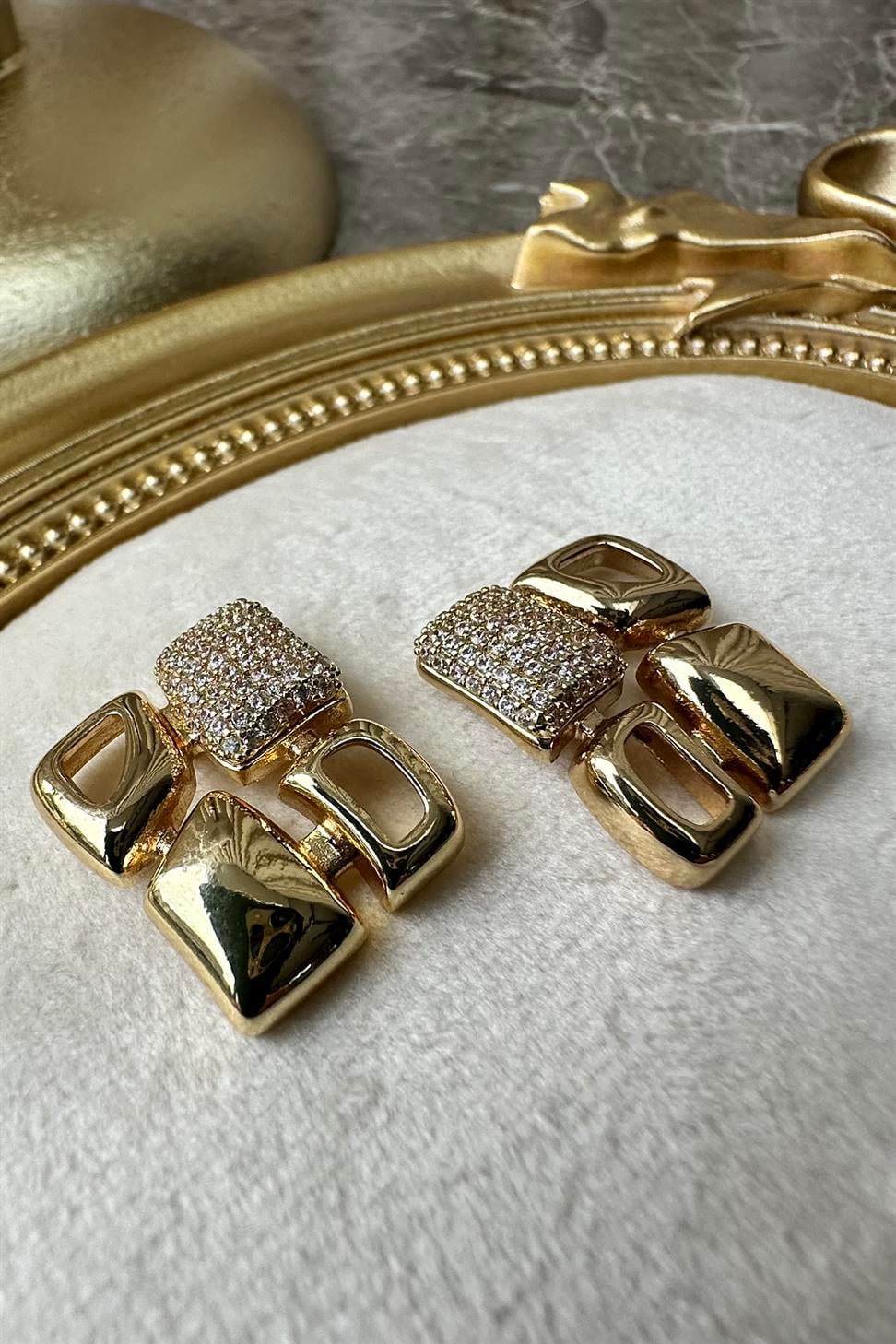 Gold Zirkon Taşlı Mozaik Küpe