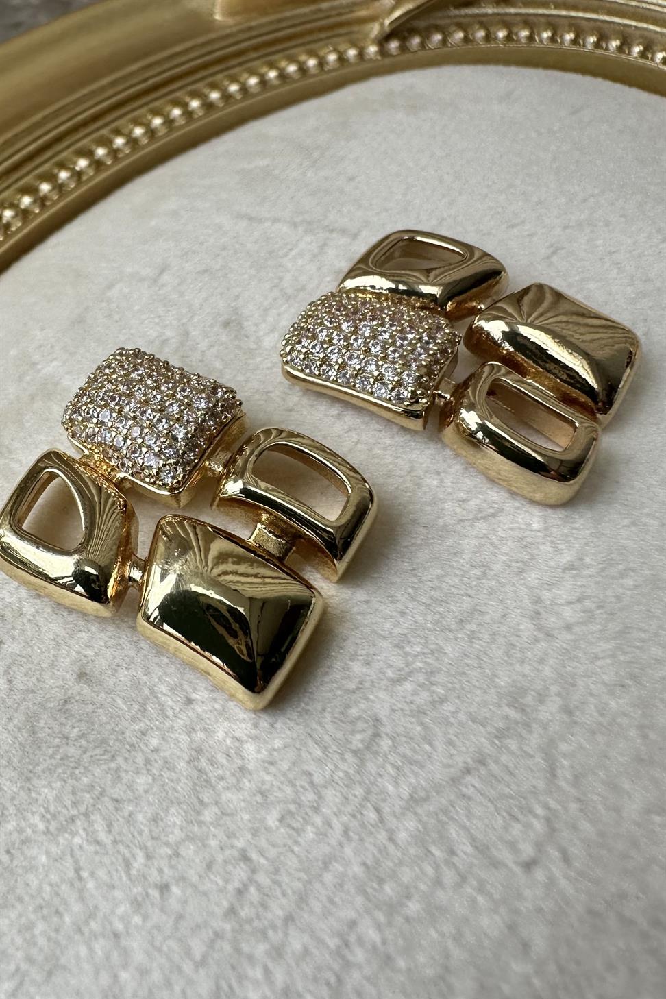 Gold Zirkon Taşlı Mozaik Küpe