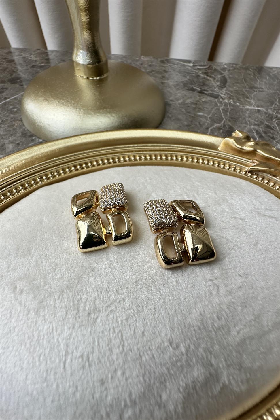 Gold Zirkon Taşlı Mozaik Küpe