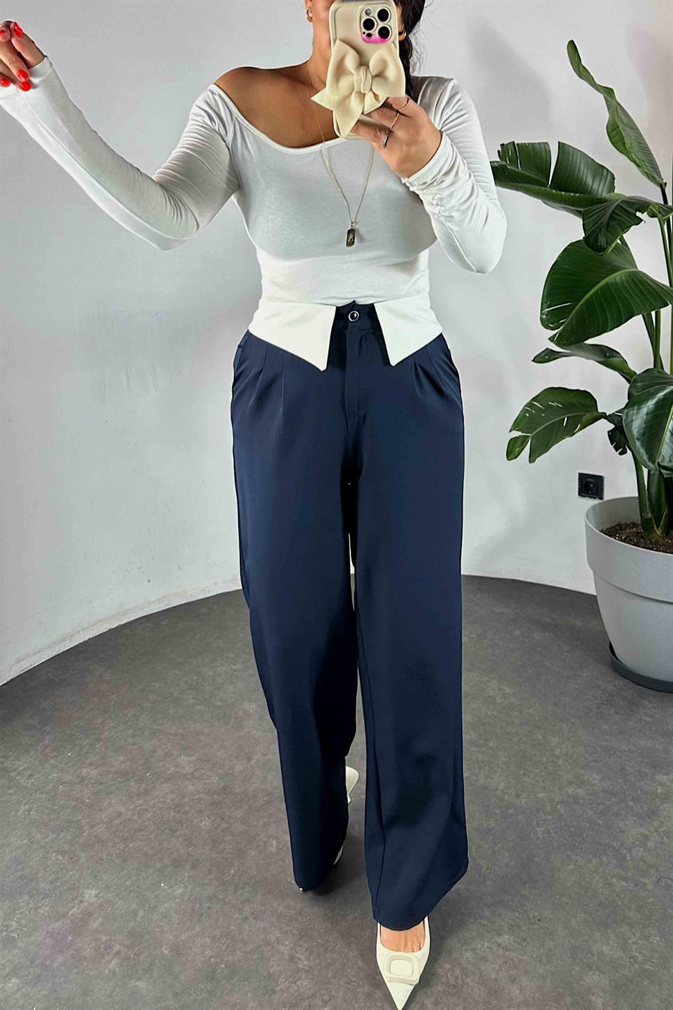 Gömlek Yaka Detay Palazzo Kadın Pantolon Lacivert