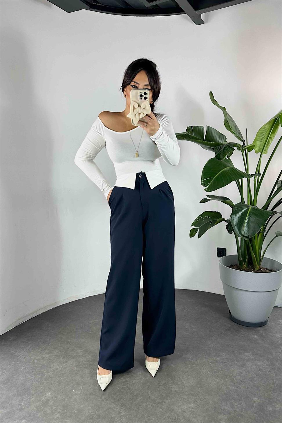 Gömlek Yaka Detay Palazzo Kadın Pantolon Lacivert