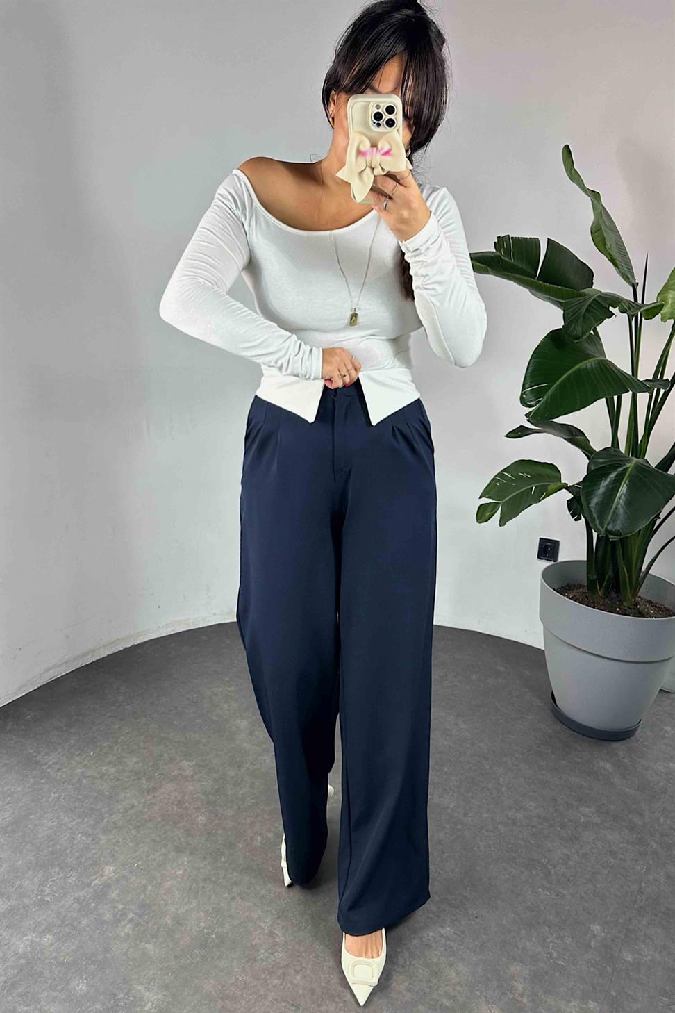 Gömlek Yaka Detay Palazzo Kadın Pantolon Lacivert