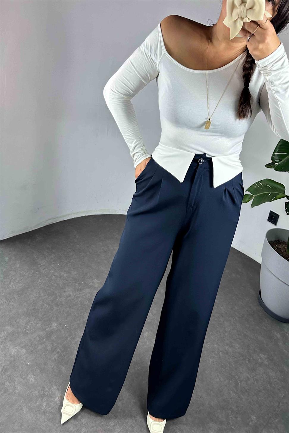 Gömlek Yaka Detay Palazzo Kadın Pantolon Lacivert