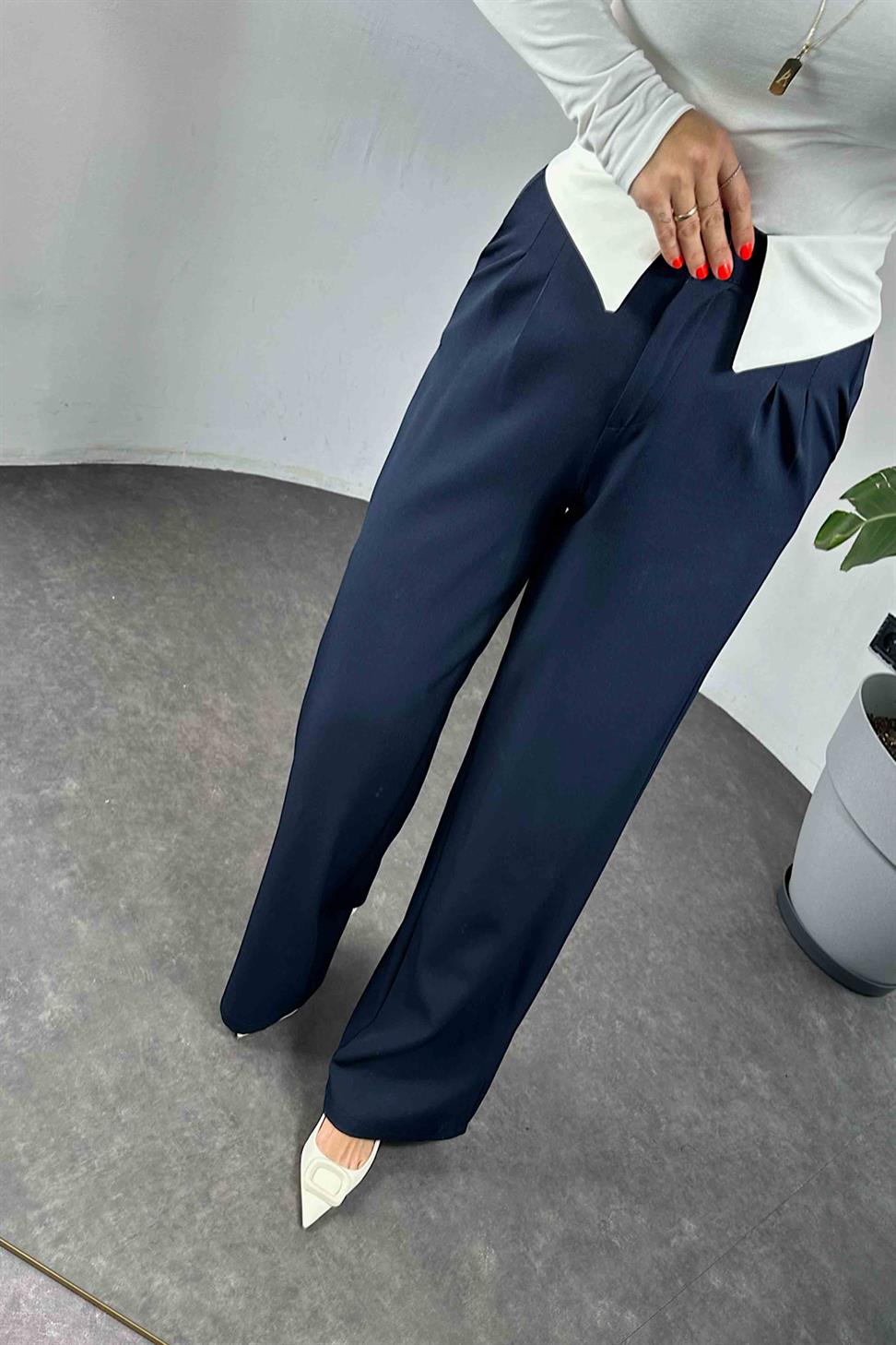 Gömlek Yaka Detay Palazzo Kadın Pantolon Lacivert