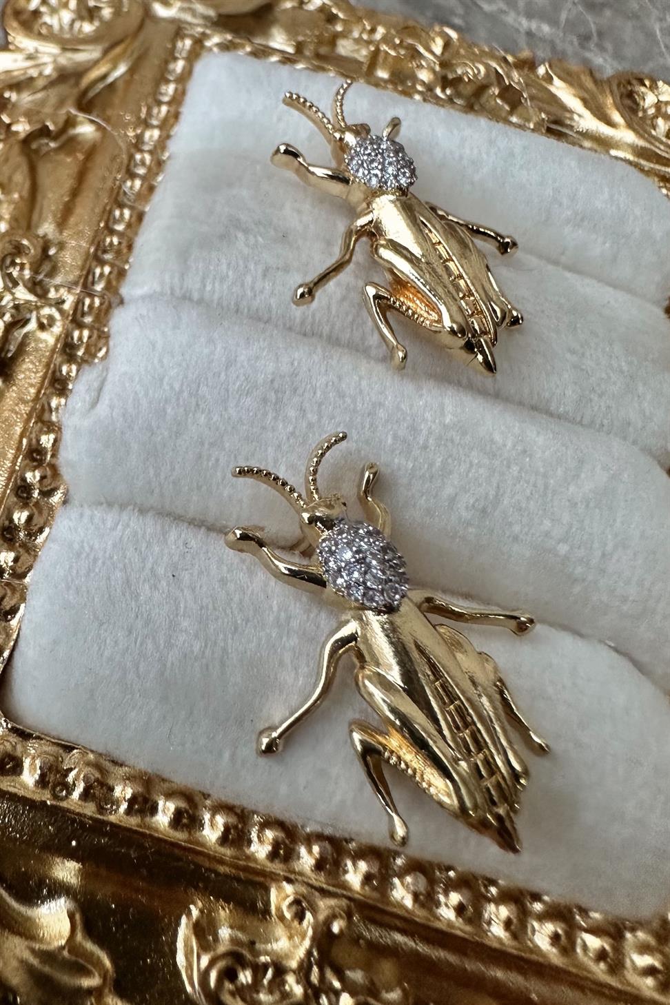 Grasshopper Zirkon Taşlı Gold Küpe