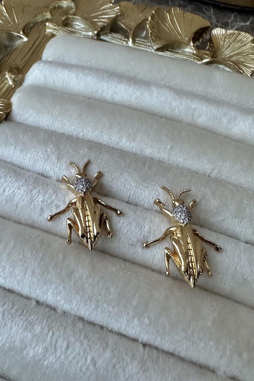 Grasshopper Zirkon Taşlı Gold Küpe