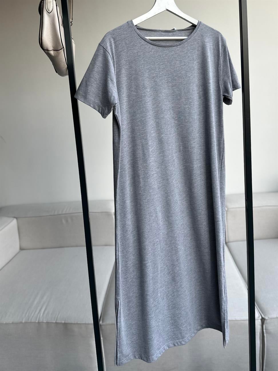Gri Çift Yırtmaçlı Pamuk Penye Elbise