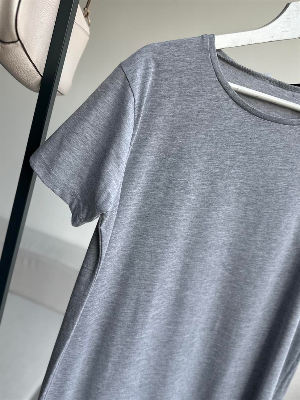 Gri Çift Yırtmaçlı Pamuk Penye Elbise