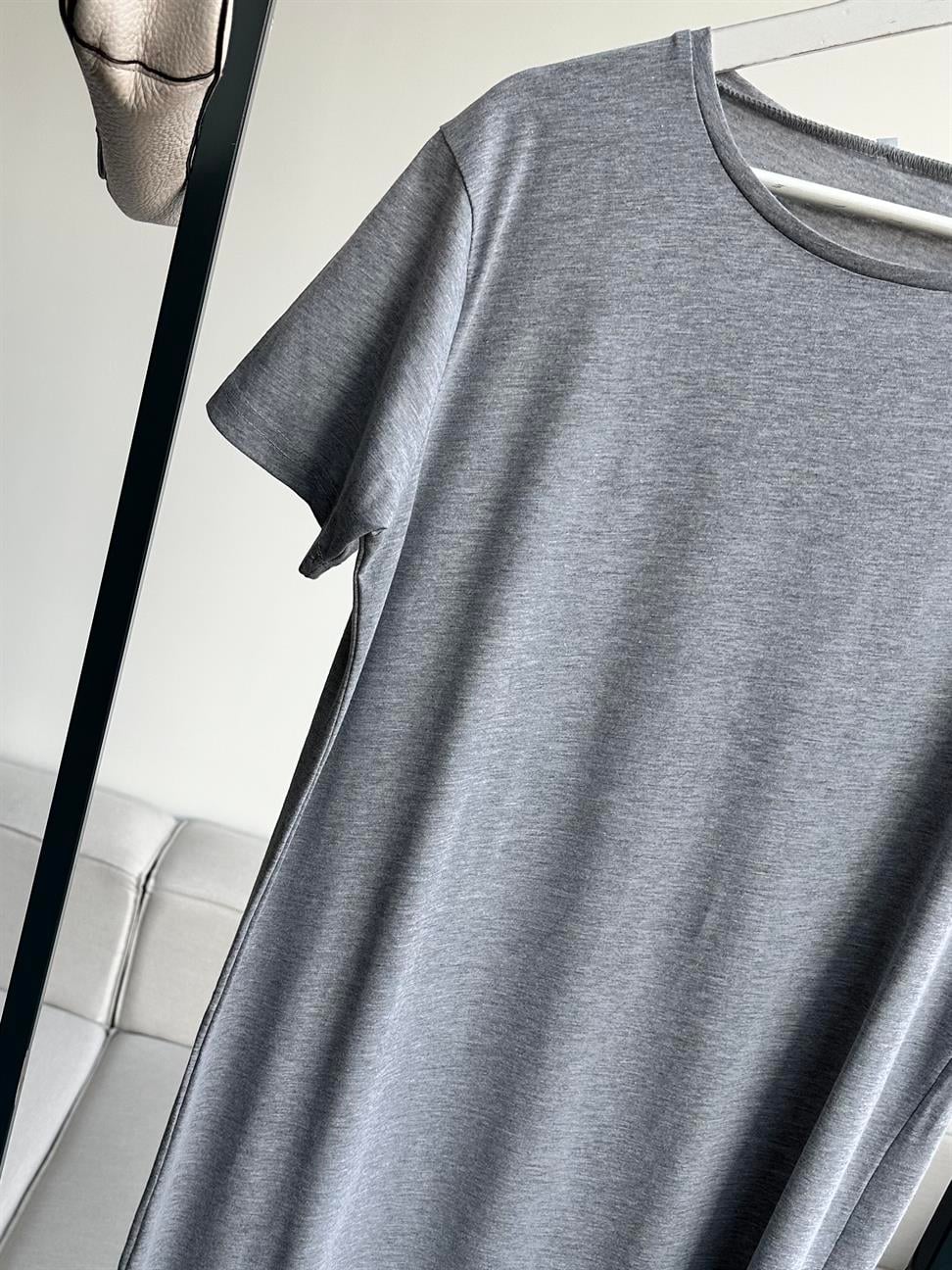 Gri Çift Yırtmaçlı Pamuk Penye Elbise