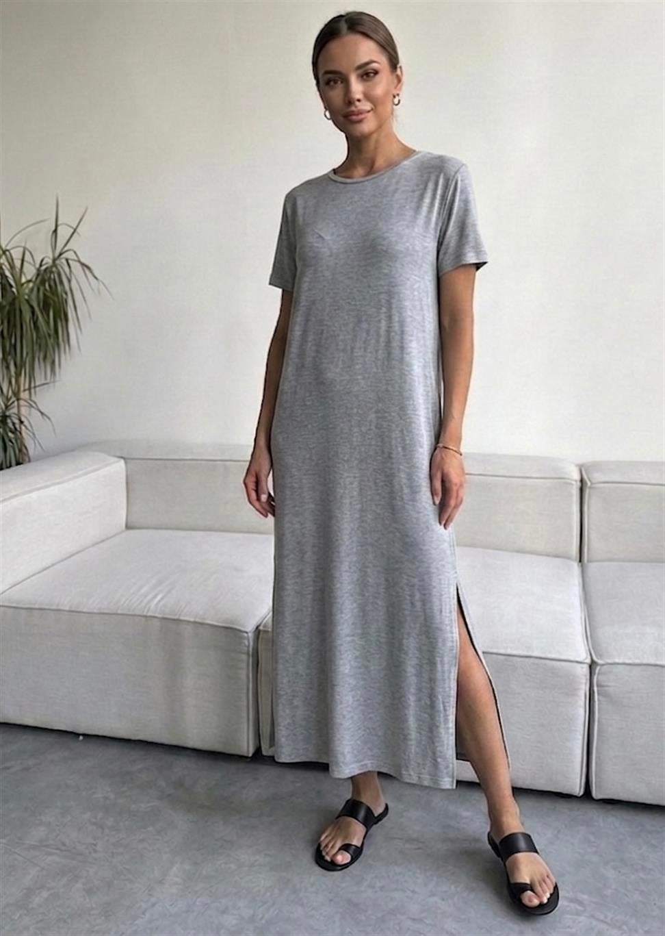 Gri Çift Yırtmaçlı Pamuk Penye Elbise