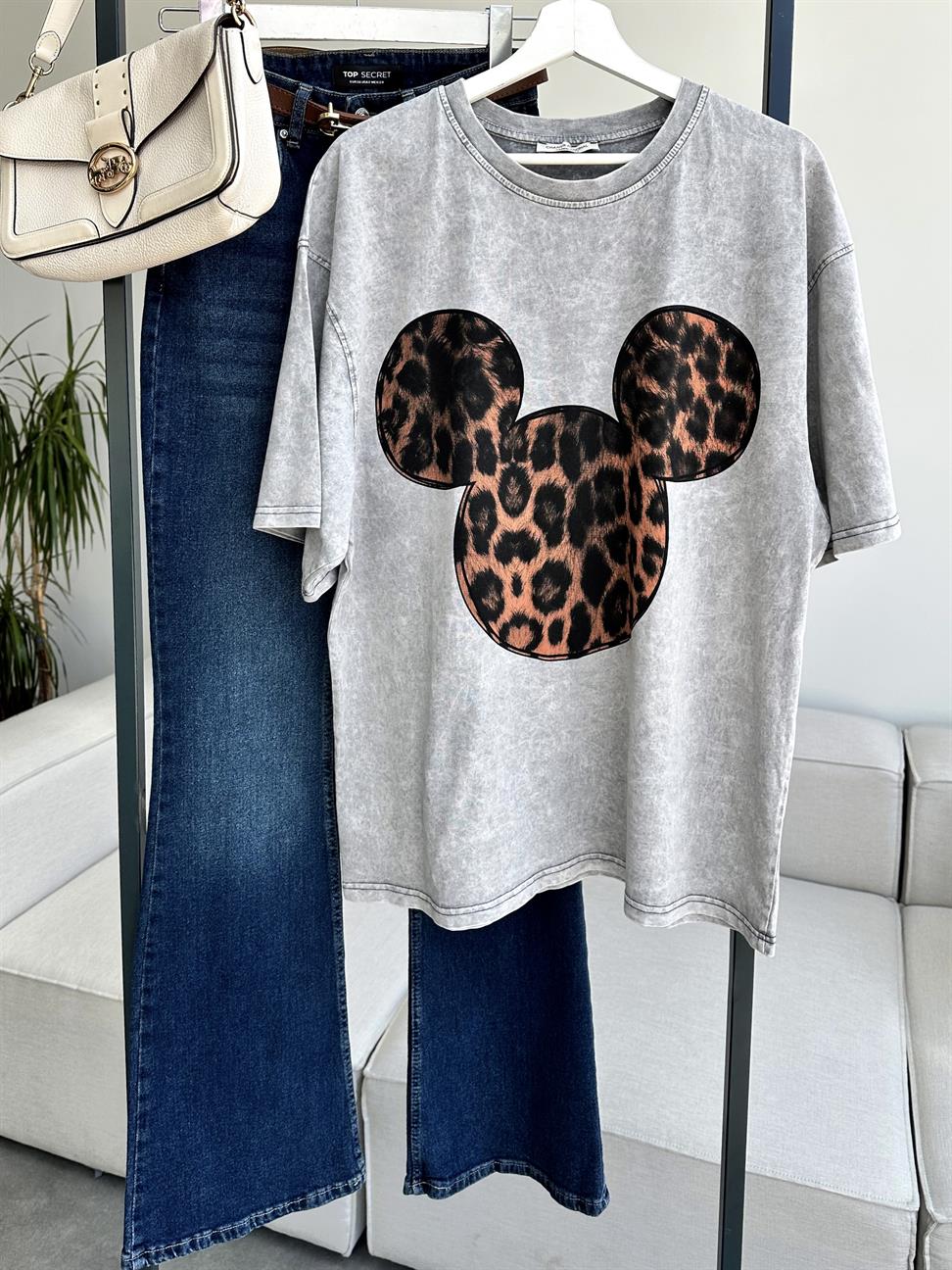 Gri Yıkamalı Minnie Leopar Baskılı Tişört