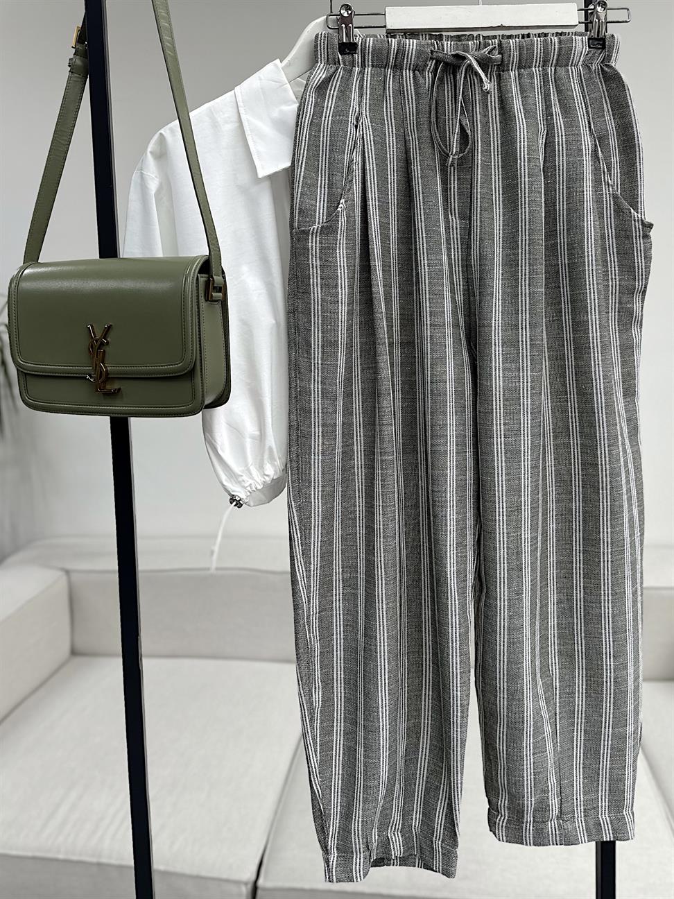 Haki Çizgili Keten Karışımlı Pantolon
