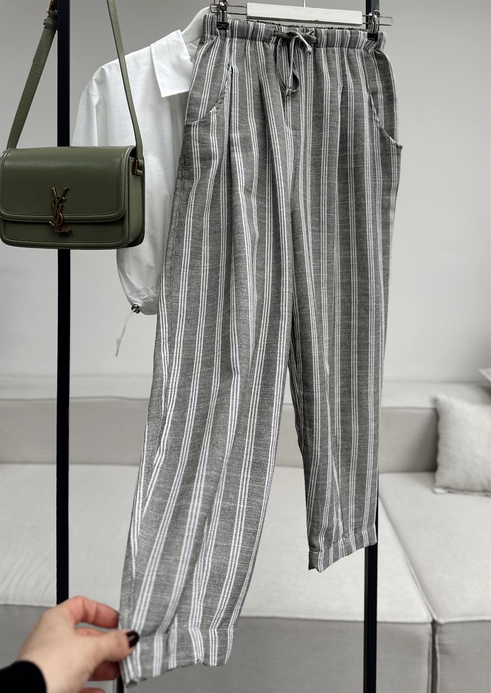 Haki Çizgili Keten Karışımlı Pantolon