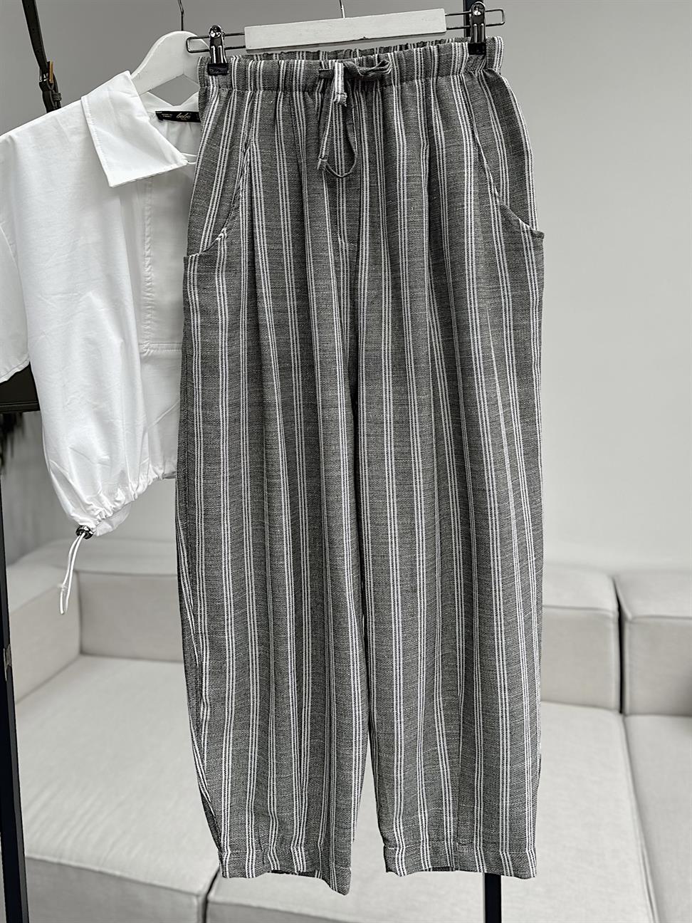 Haki Çizgili Keten Karışımlı Pantolon