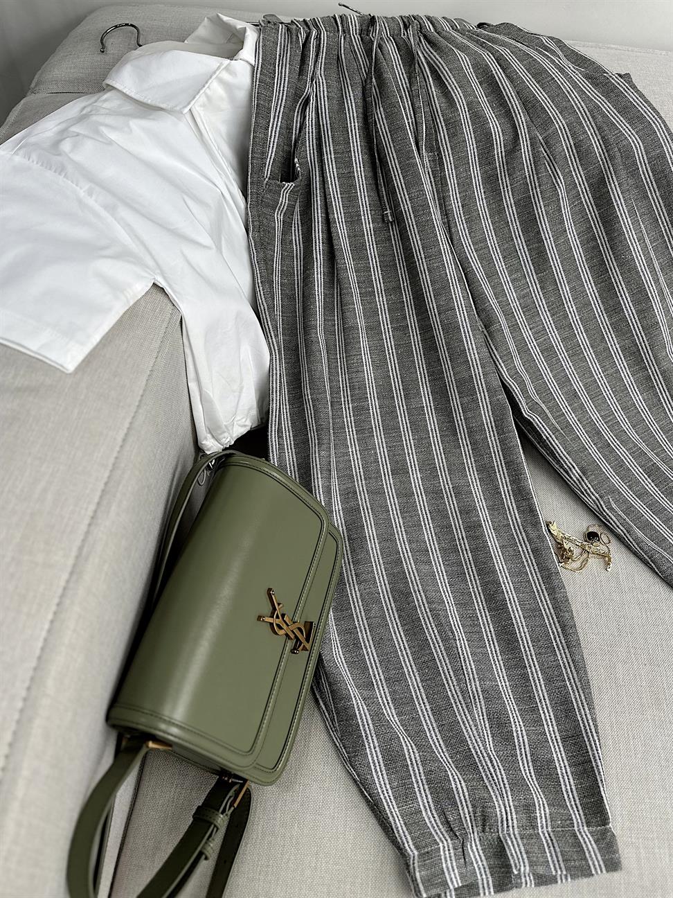 Haki Çizgili Keten Karışımlı Pantolon