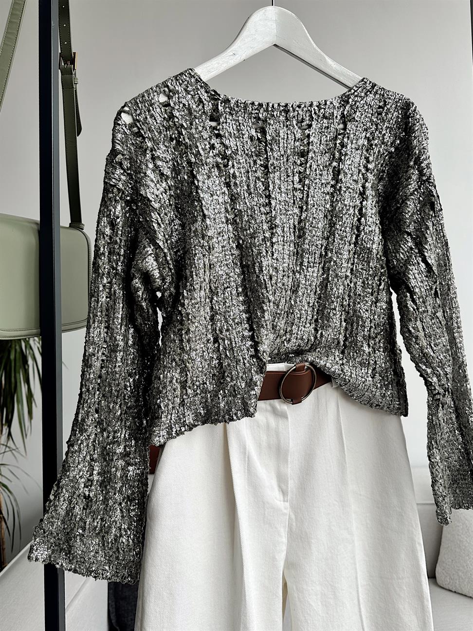 Haki Işıltılı Triko Bluz